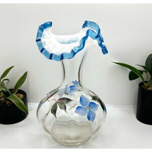 Fenton Blue Floral • Opalescent Rib Base Ruffled Aqua Crest Vase Signed